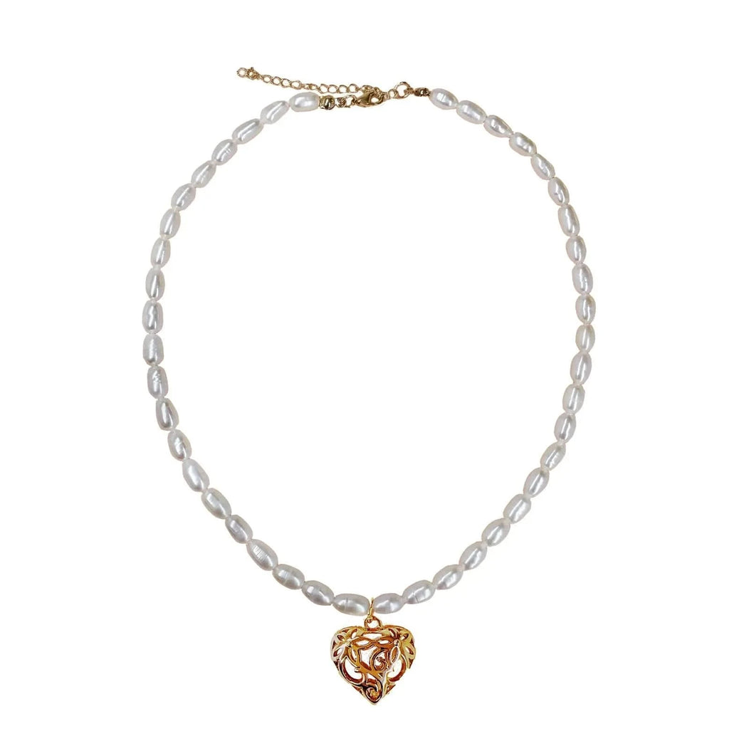 Graduated Pearl Necklace with Gold Heart pendant - Angel Barocco