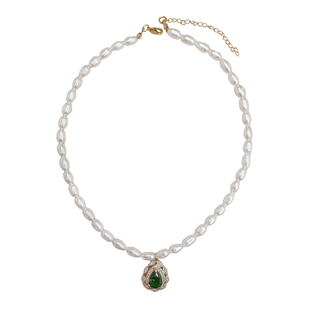 Graduated Pearl Necklace with Green Gemstone - Angel Barocco