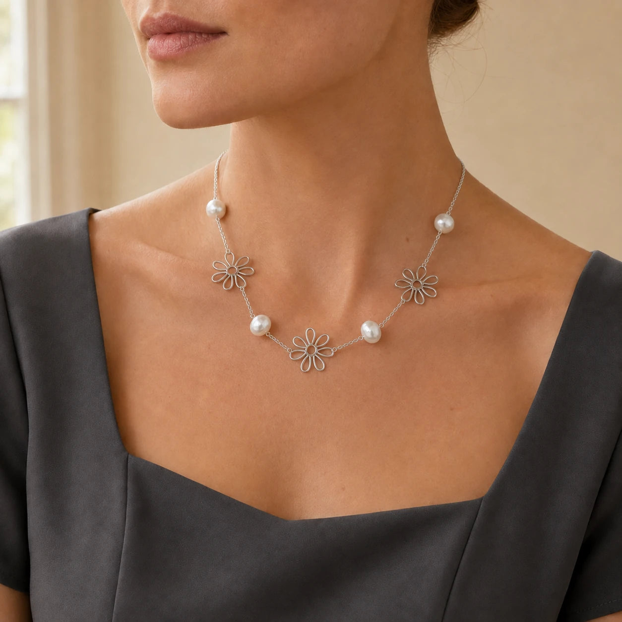 Model wearing silver-tone daisy and pearl necklace