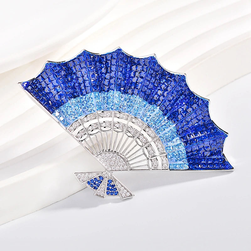 Silver tone blue gradient crystal fan brooch product detail