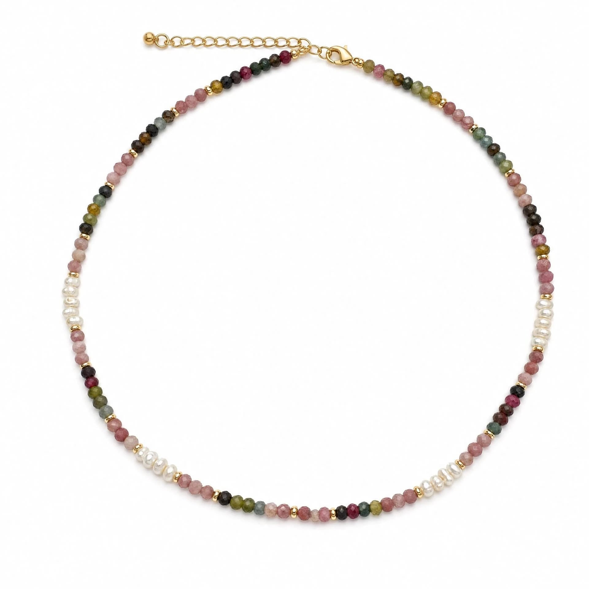 Multicolour tourmaline and freshwater pearl beaded necklace on a white background