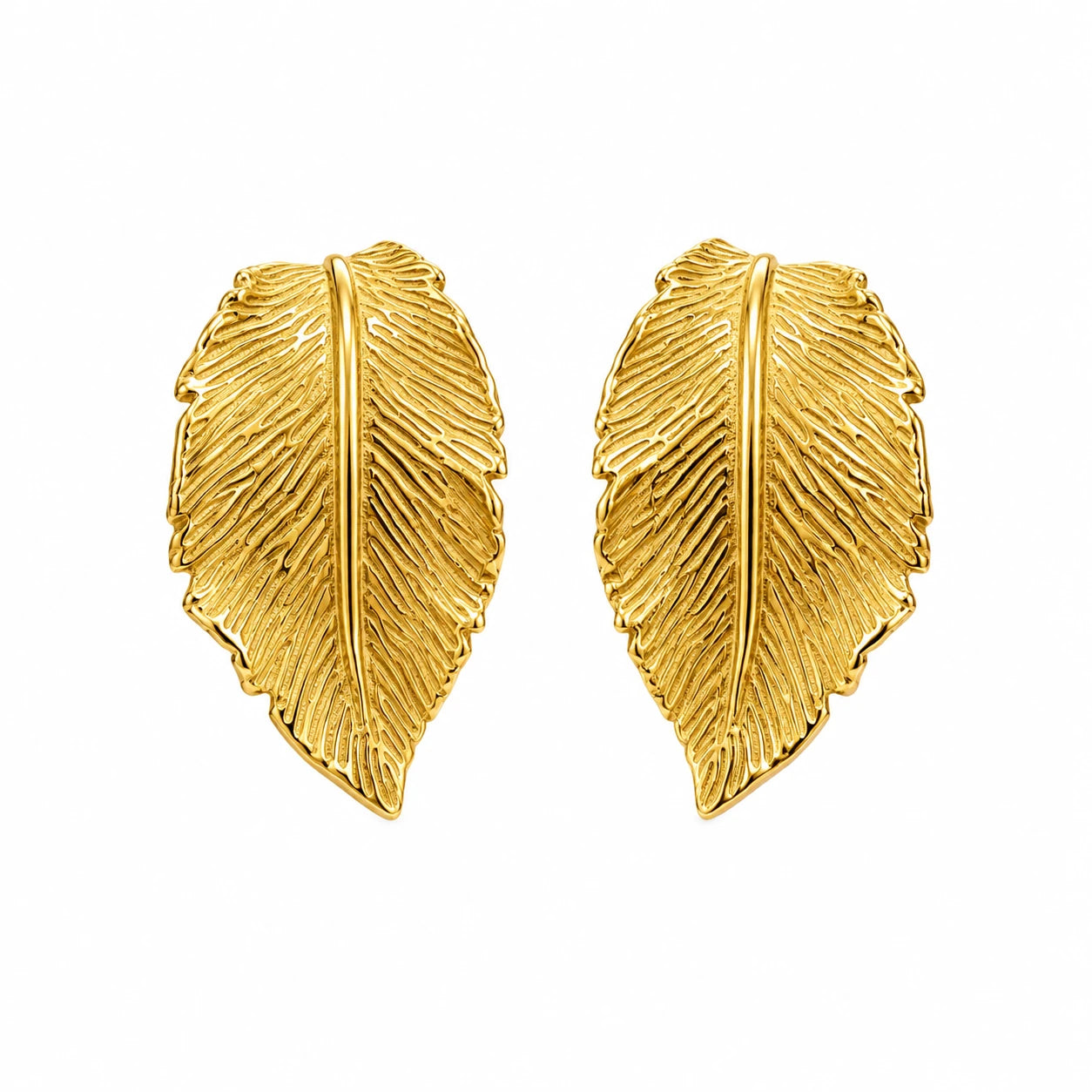 Gold-plated sterling silver statement earrings shaped as detailed textured leaves