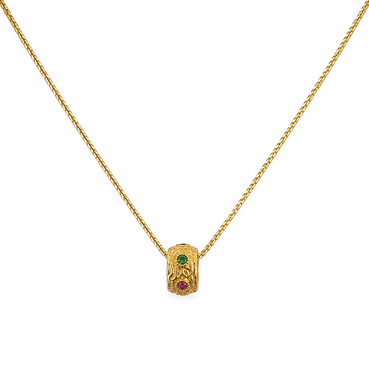 Gold-plated sterling silver necklace with textured multicolour barrel pendant