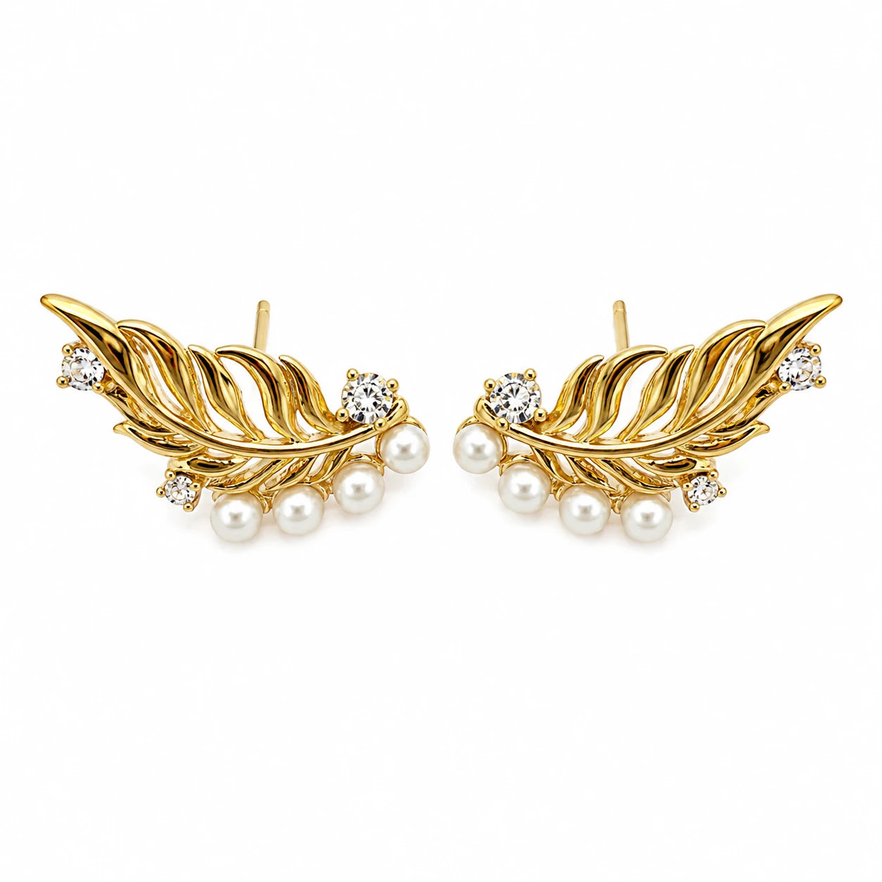 Gold-plated sterling silver feather ear climber earrings with pearls and clear stones