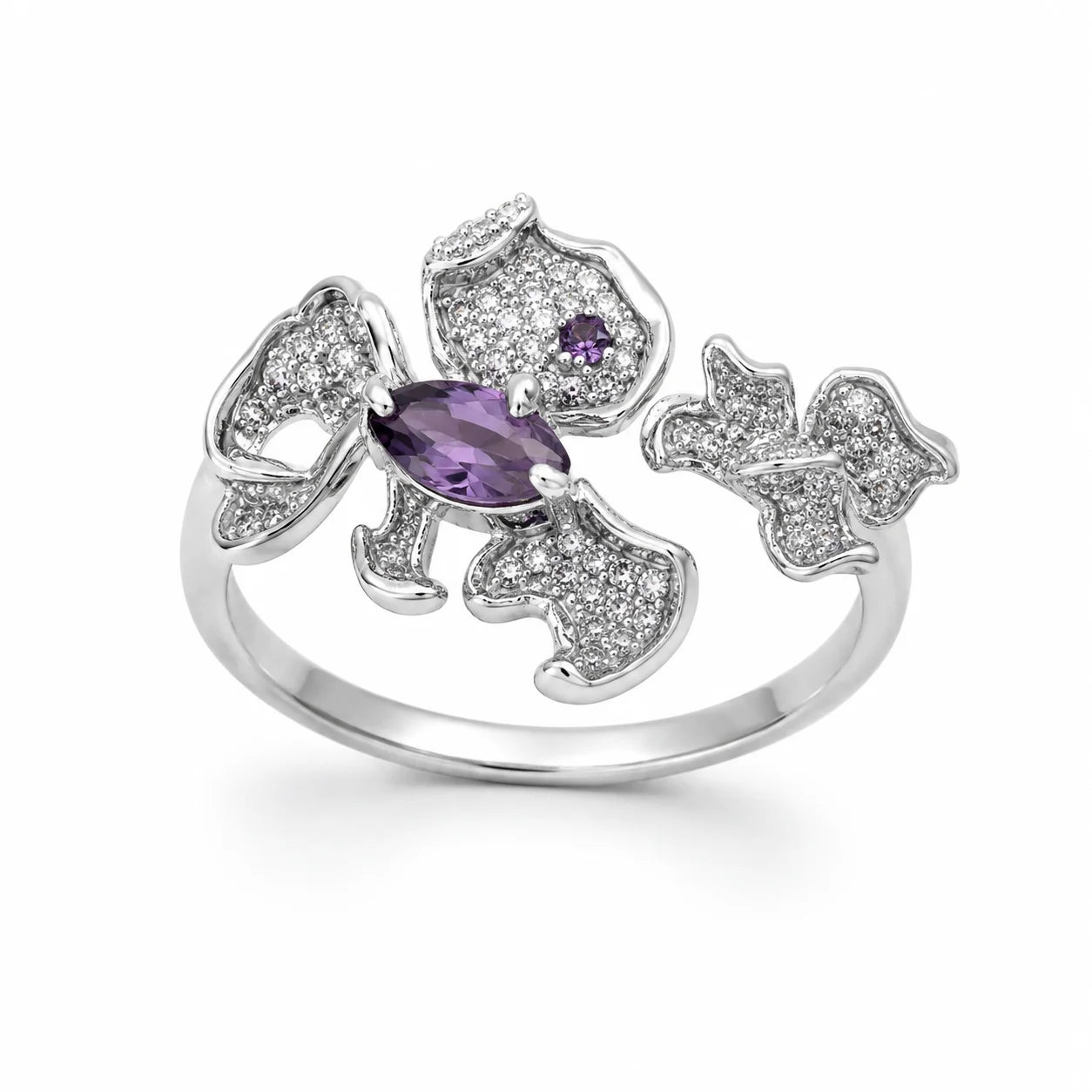 Purple and clear zircon floral ring in polished S925 sterling silver