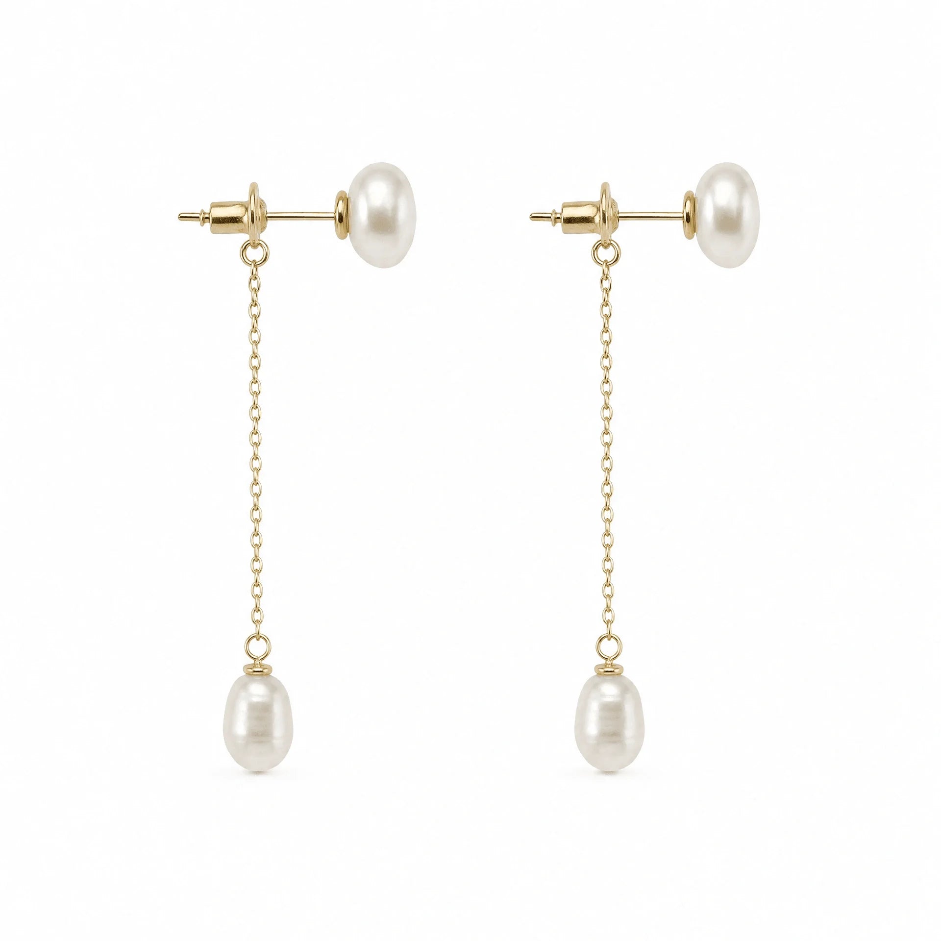 Close-up of S925 silver posts and chain-backed freshwater pearl drop earrings