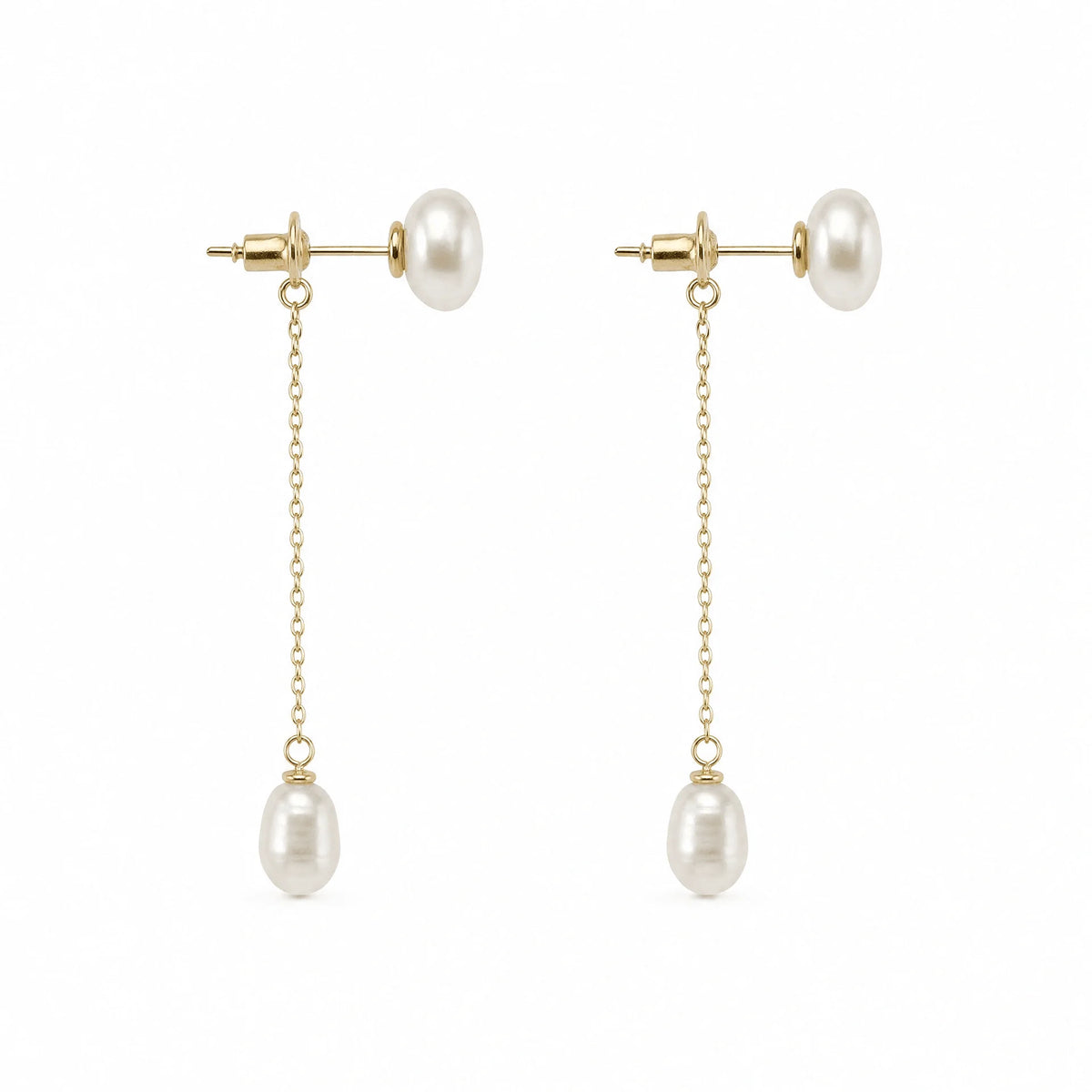 Close-up of S925 silver posts and chain-backed freshwater pearl drop earrings