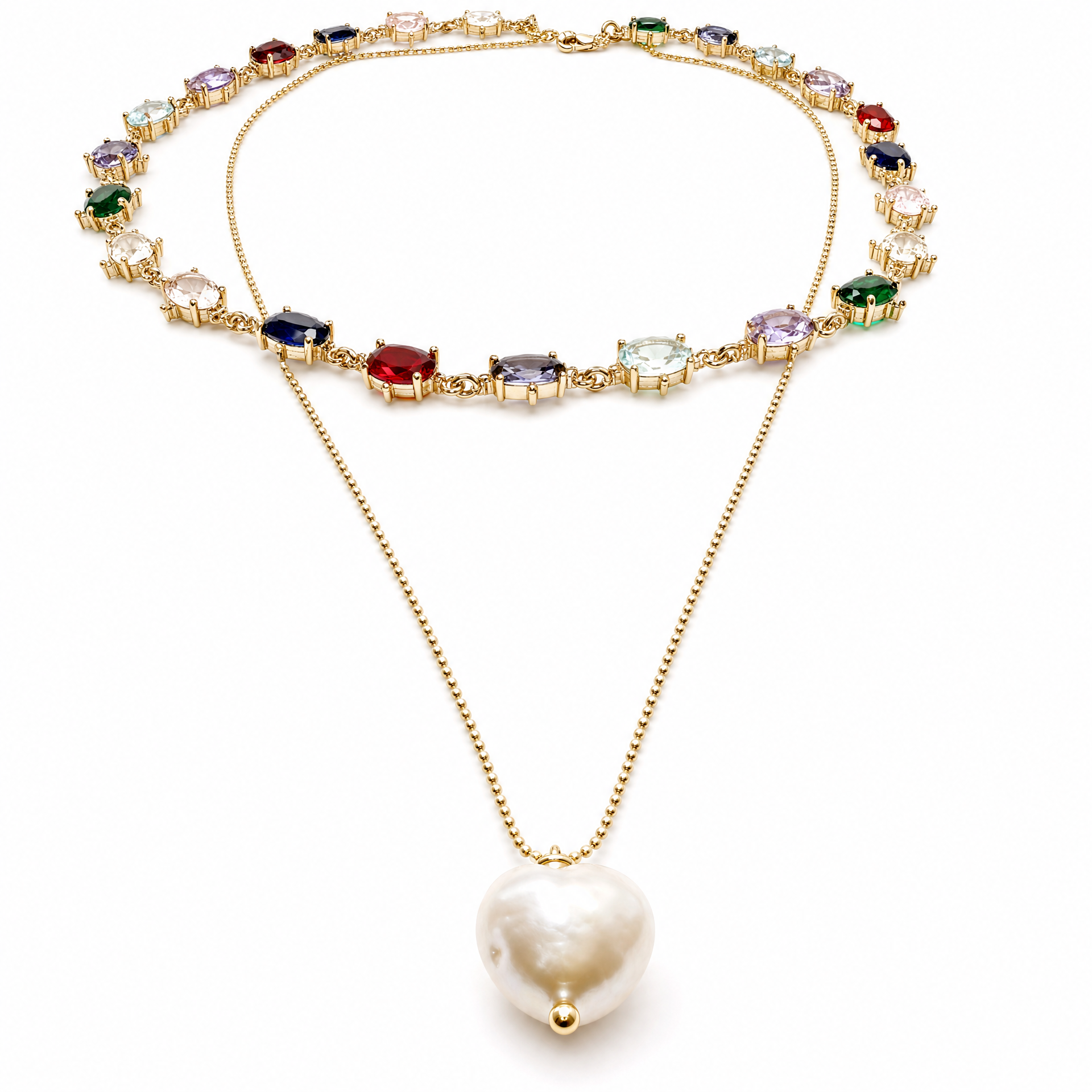 Two-layer Rainbow Crystal Choker Pearl Necklace