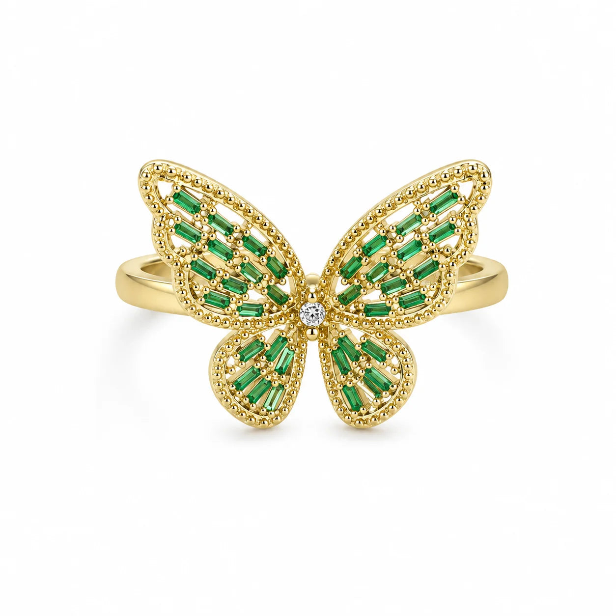 Gold-plated butterfly statement ring with green baguette zirconia and clear stone borders