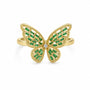 Gold-plated butterfly statement ring with green baguette zirconia and clear stone borders