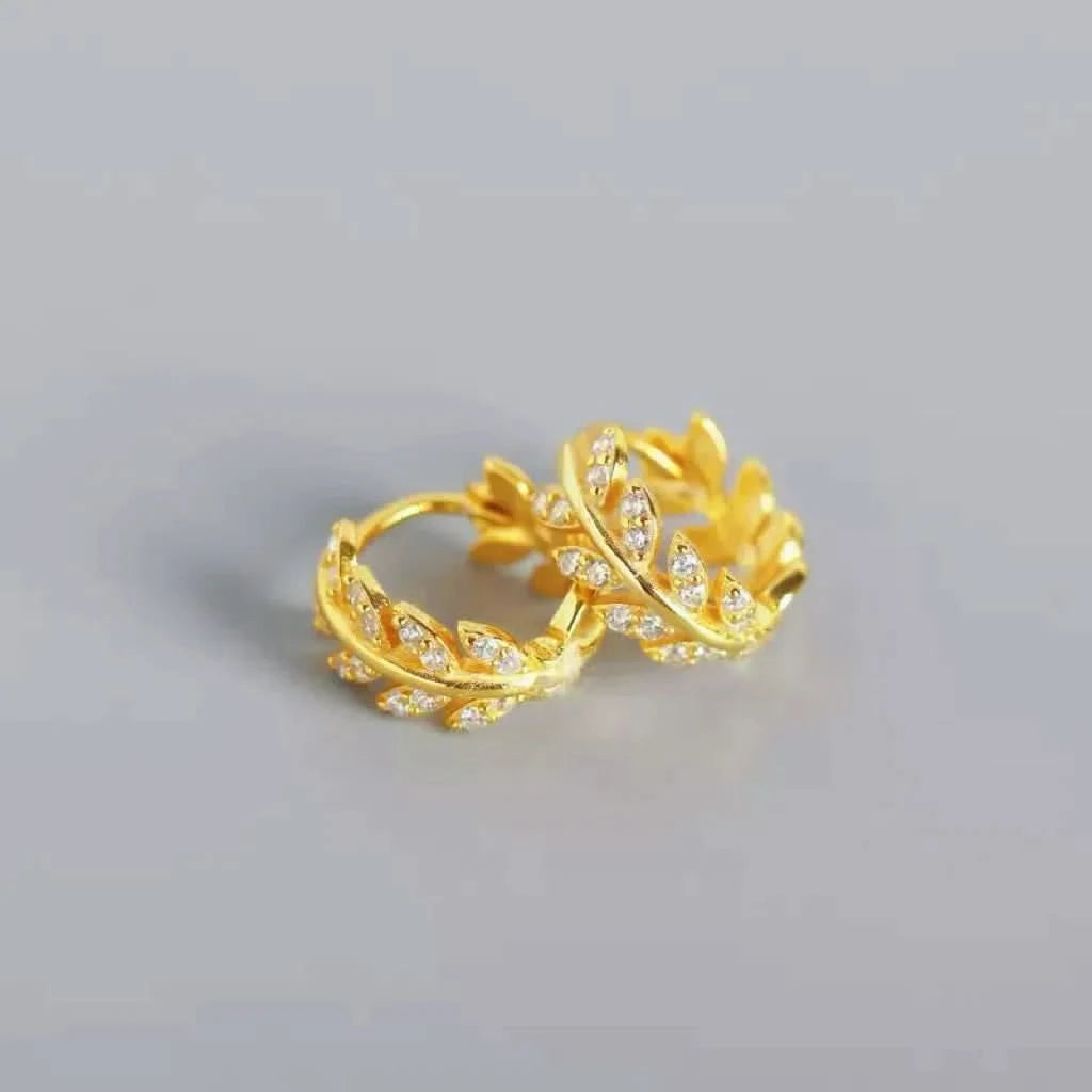 Leaf Diamond Hoop Earrings Sterling