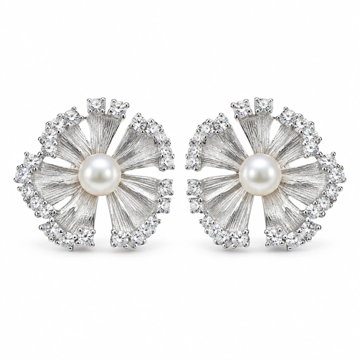 925 sterling silver flower stud earrings with central pearls and clear stone petals