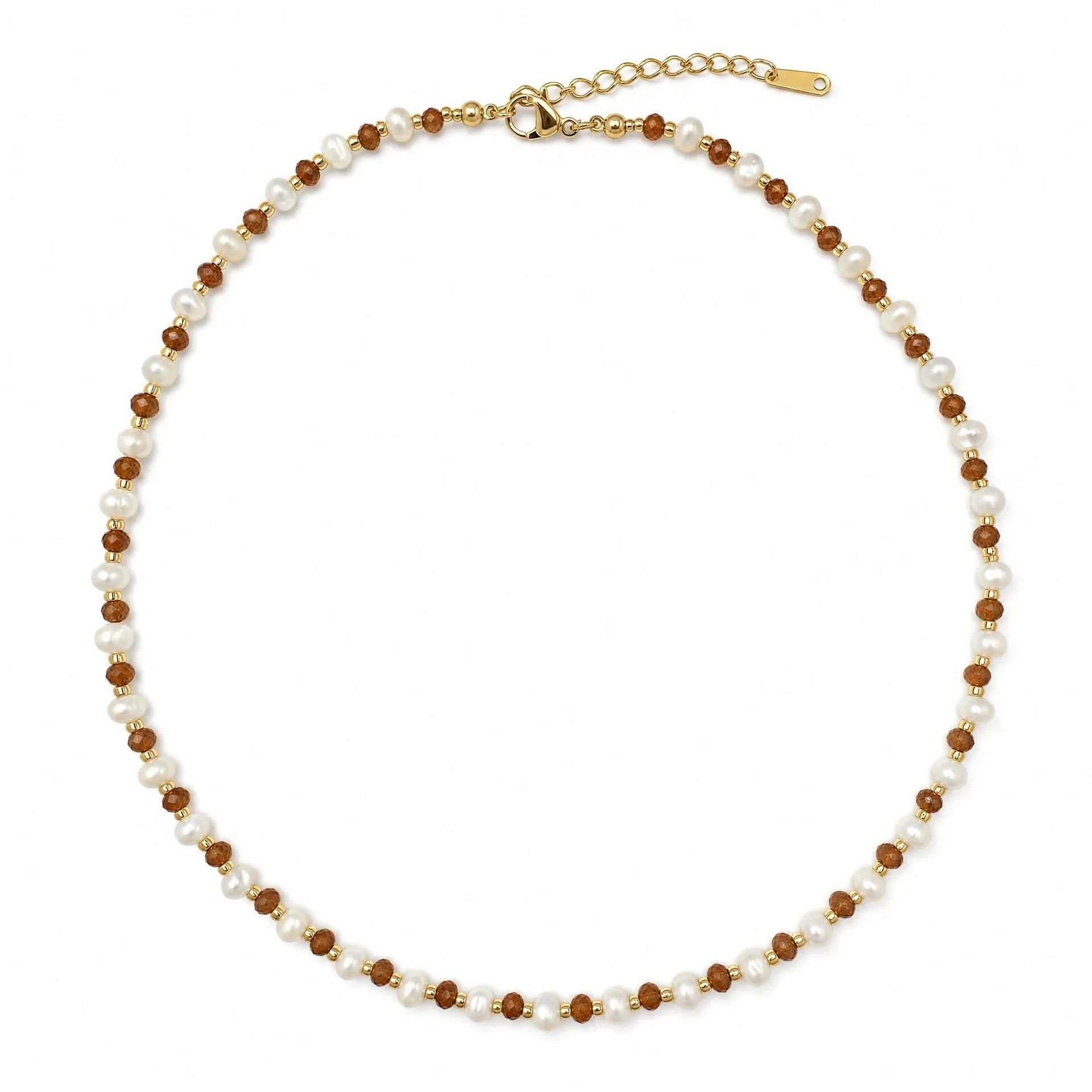Moonstone and sunstone beaded necklace with gold-tone spacers on a white background