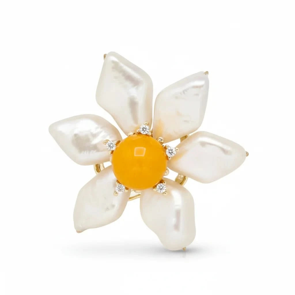 Baroque Pearl Flower Brooch with Yellow Stone