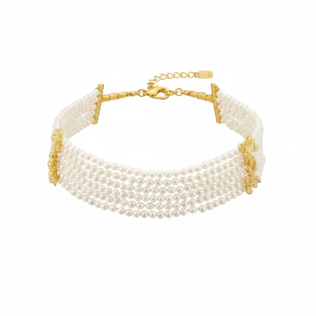 Beaded Multi-Strand Shell Pearl Choker Necklace