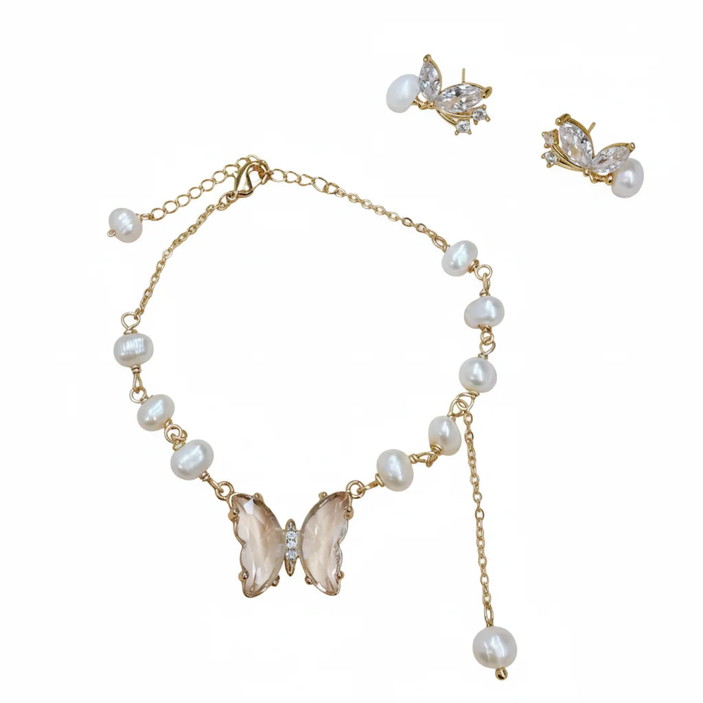Crystal Butterfly Pearl Drop Stud Earrings