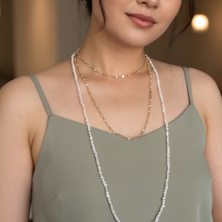 Long Rice Pearl Layering Necklace