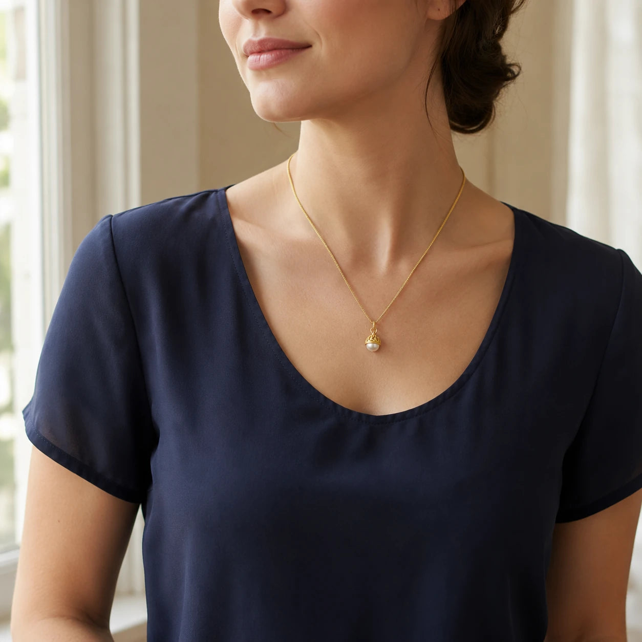 Model wearing gold-tone filigree pearl drop pendant necklace