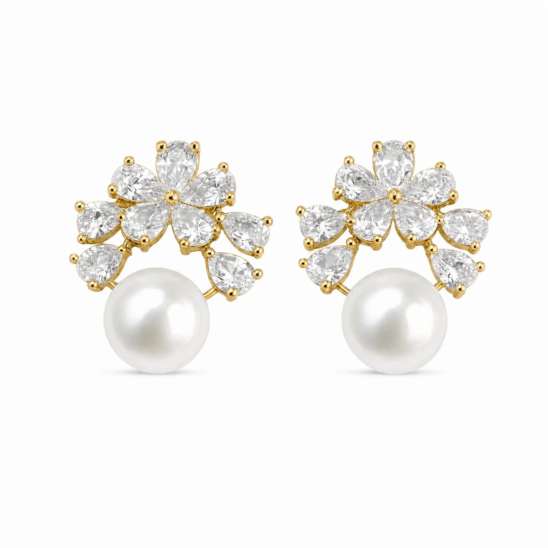 Gold-tone freshwater pearl earrings with sparkling zircon flower clusters