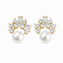 Gold-tone freshwater pearl earrings with sparkling zircon flower clusters