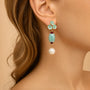 Amazonite Flower Pearl Drop Earrings - Model Wearing