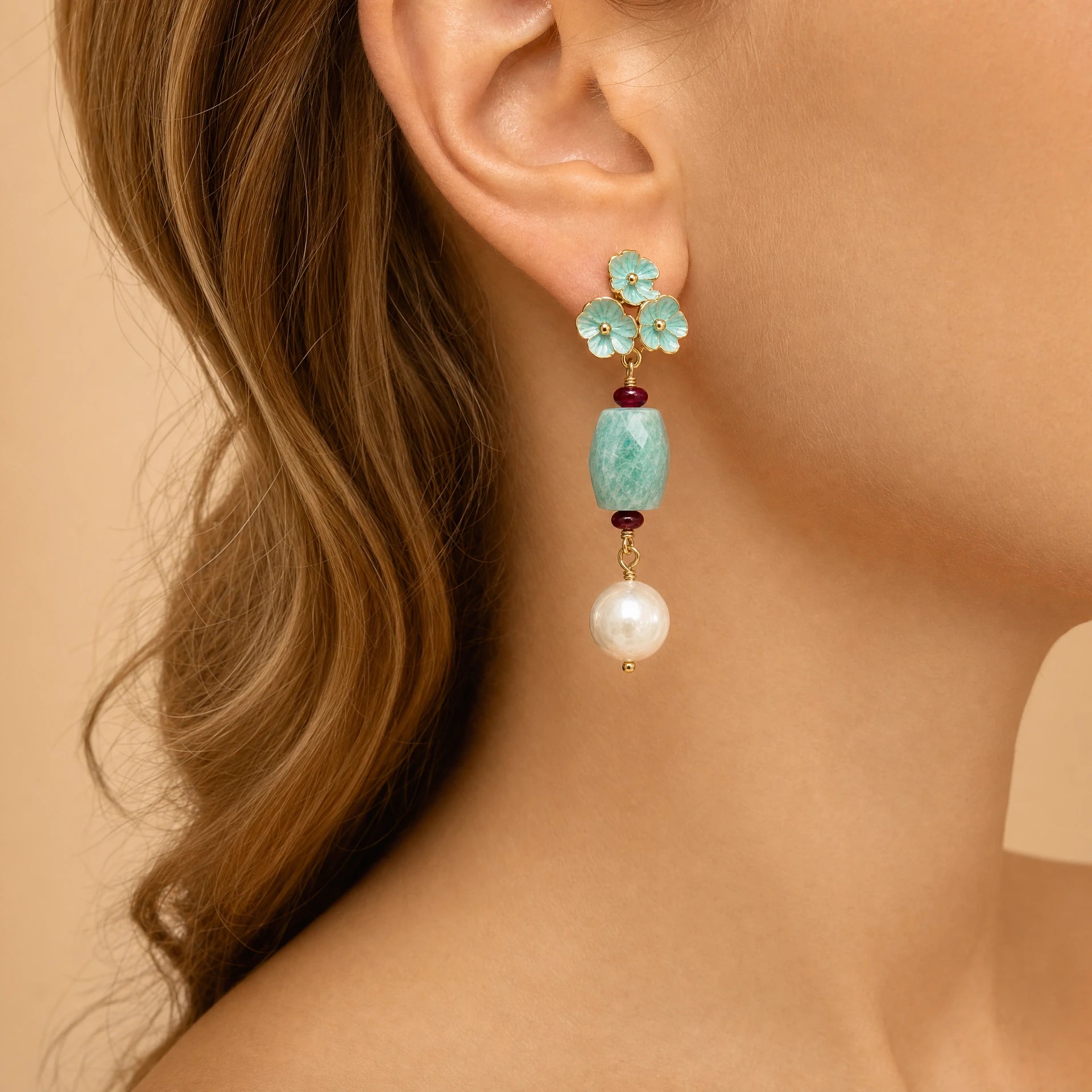Amazonite Flower Pearl Drop Earrings - Model Wearing