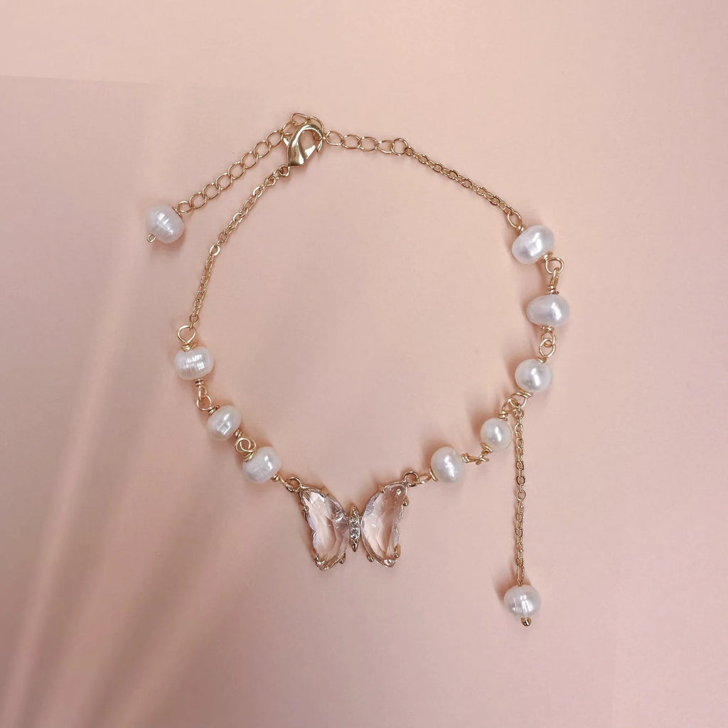 Pearl with Butterfly Crystal Gold Bracelet - Angel Barocco