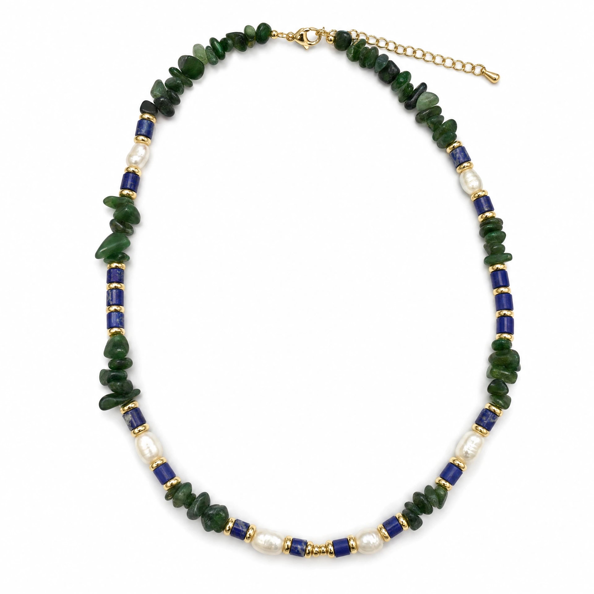 Green gemstone cobalt blue and baroque pearl beaded necklace on a white background