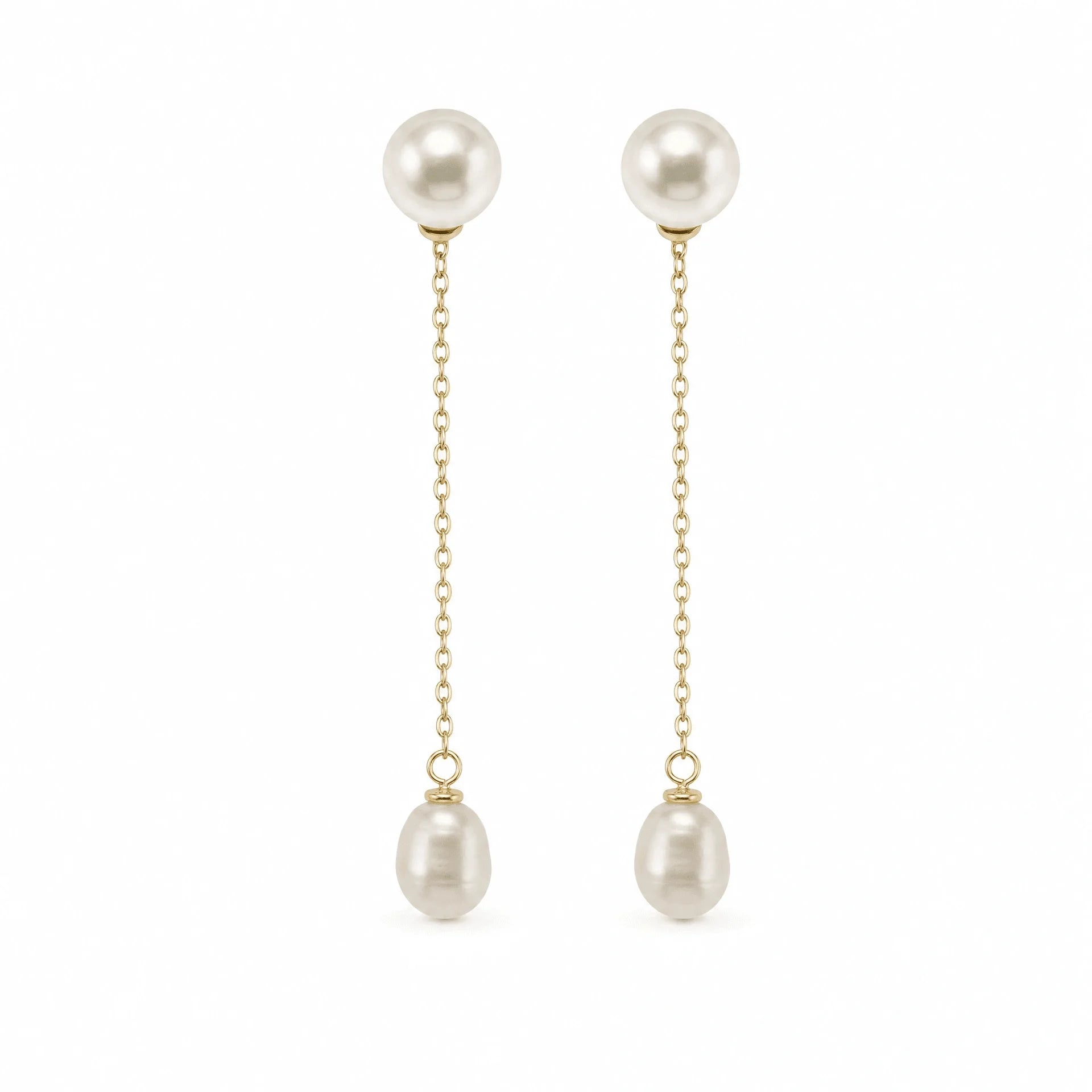 Freshwater pearl stud earrings with fine chain and oval pearl drops