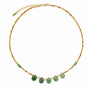 Citrine and green aventurine teardrop necklace with freshwater pearl accents on a white background