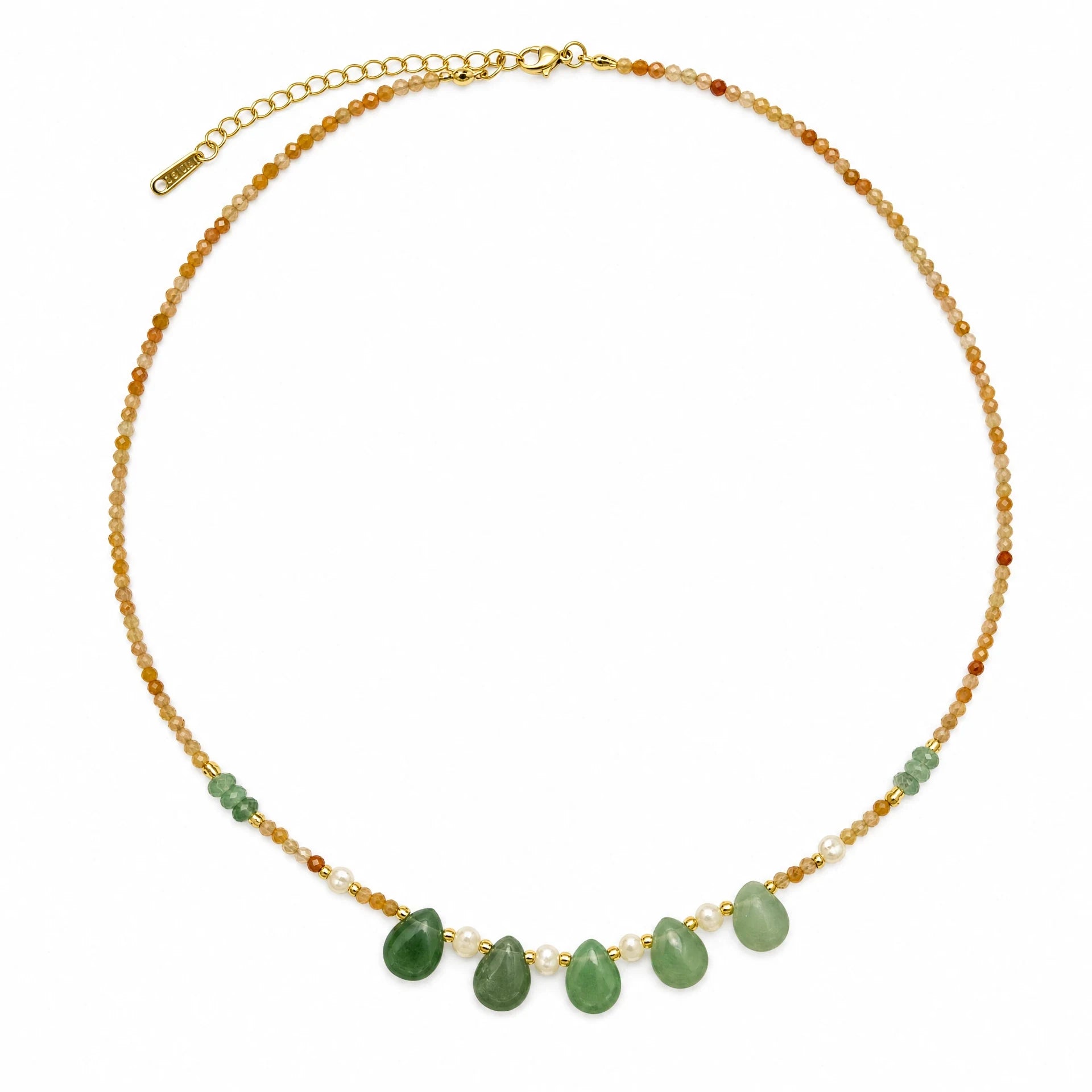 Citrine and green aventurine teardrop necklace with freshwater pearl accents on a white background