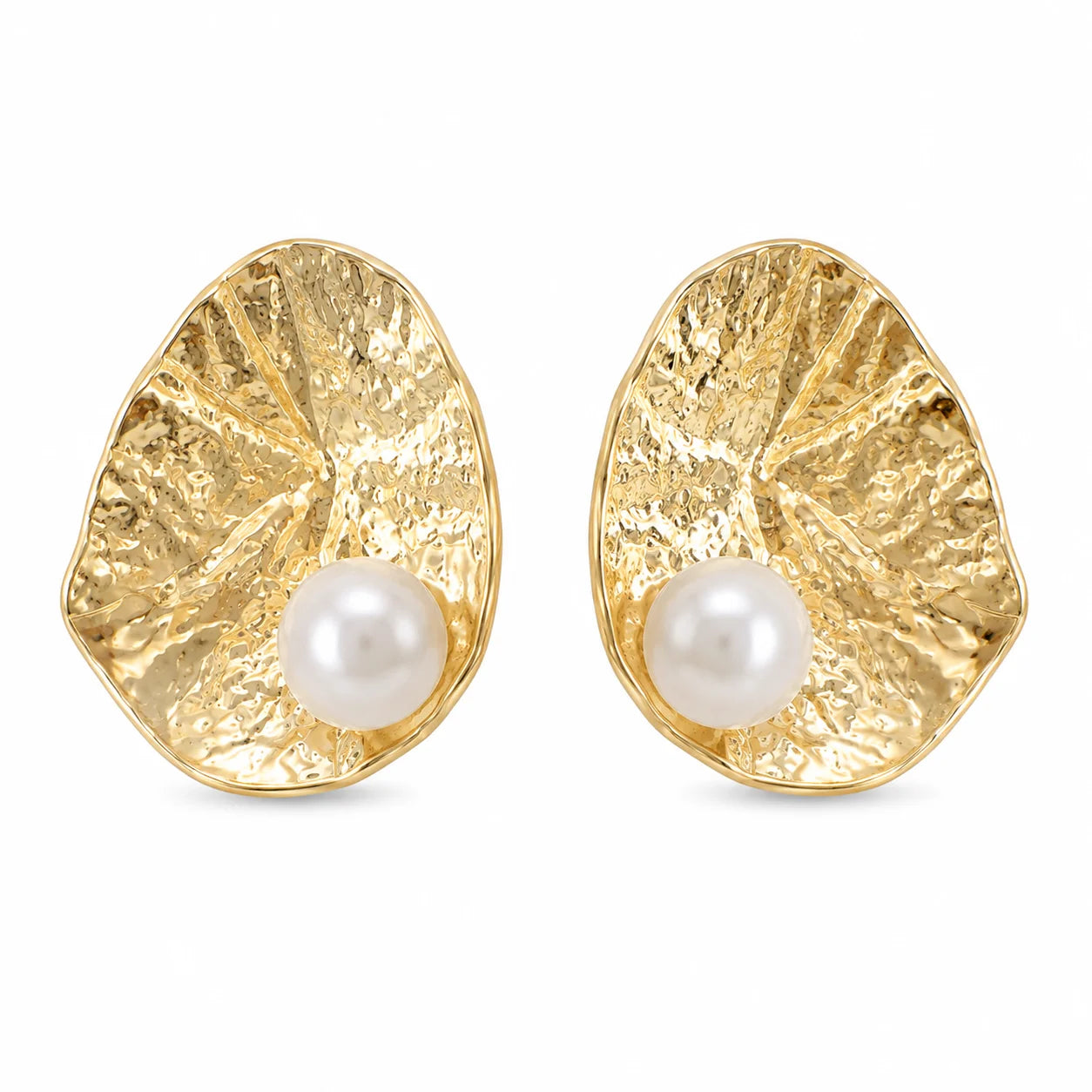 Gold-tone hammered organic oval statement stud earrings with freshwater pearl accents