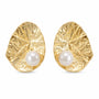 Gold-tone hammered organic oval statement stud earrings with freshwater pearl accents