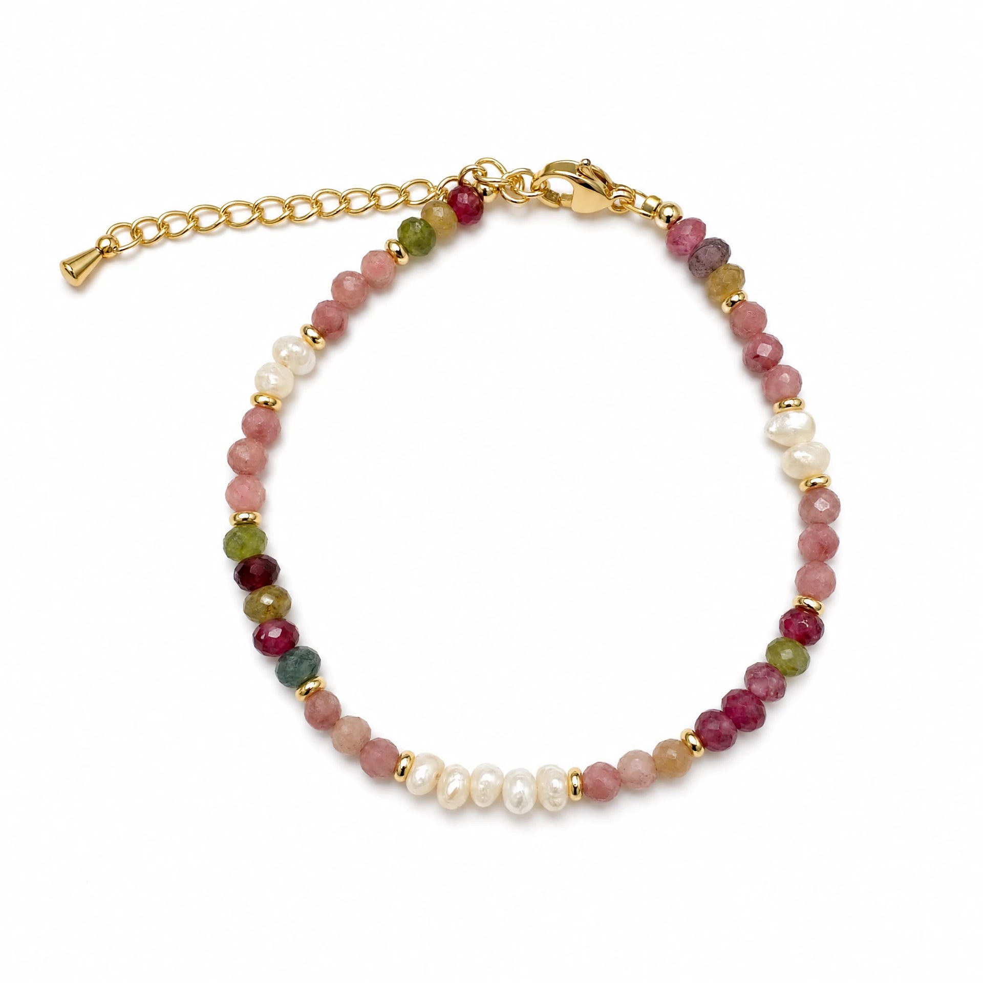 Multicolour tourmaline and freshwater pearl beaded bracelet on a white background