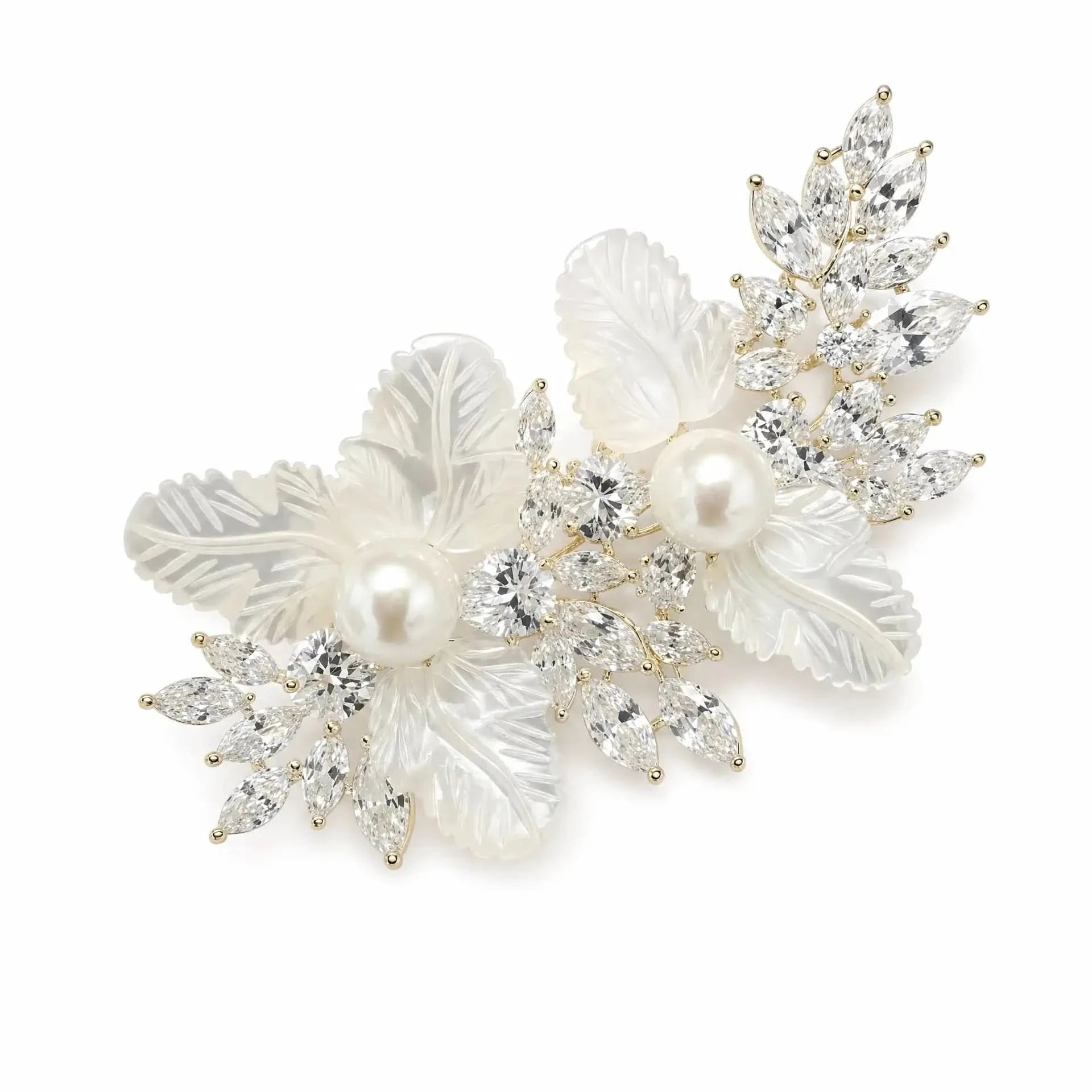 White double-flower crystal brooch with pearl-effect centres and gold-tone setting on a white background