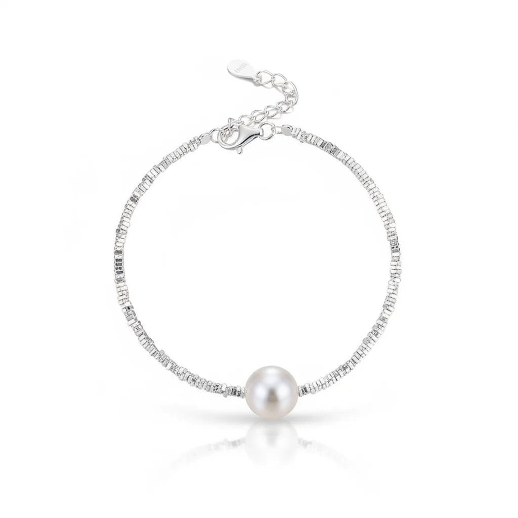 Beaded Silver Bracelet with a Freshwater Pearl
