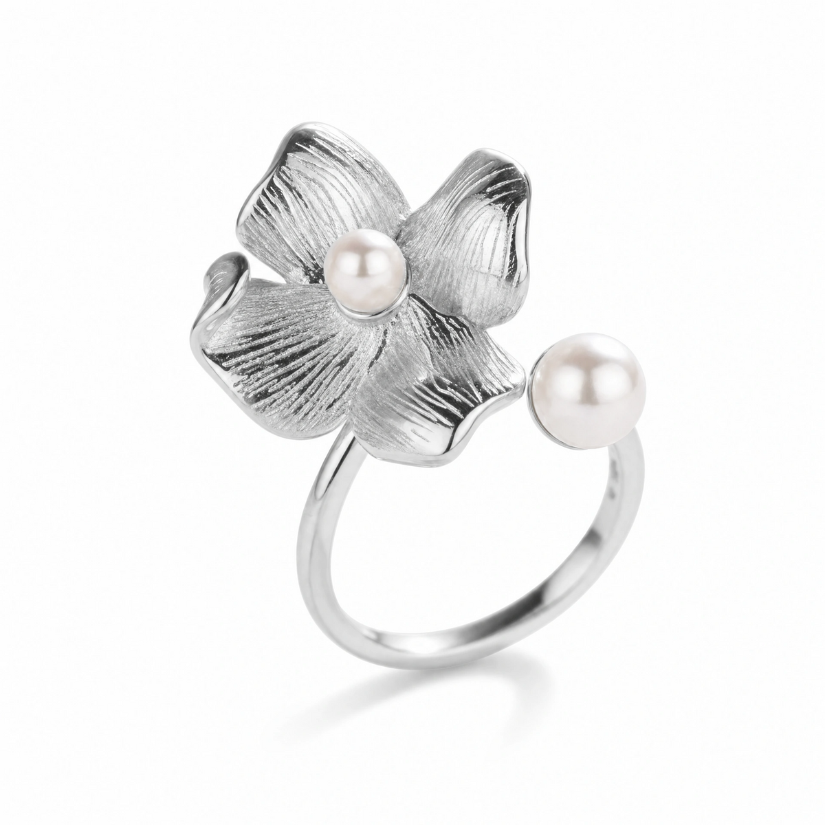 Silver Gold Flower Adjustable Pearl Ring
