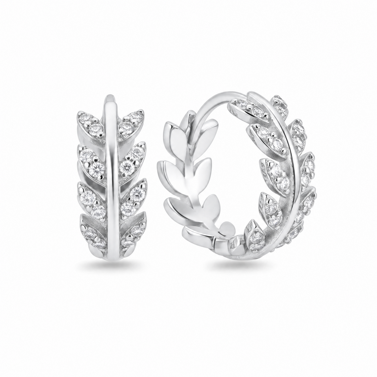 Leaf Diamond Hoop Earrings in Sterling Silver