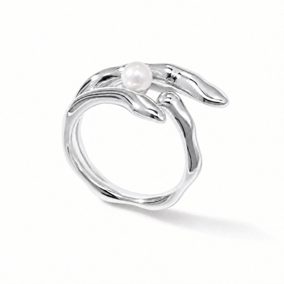 Gold Fluid Style and Sliver Adjustable Pearl Ring
