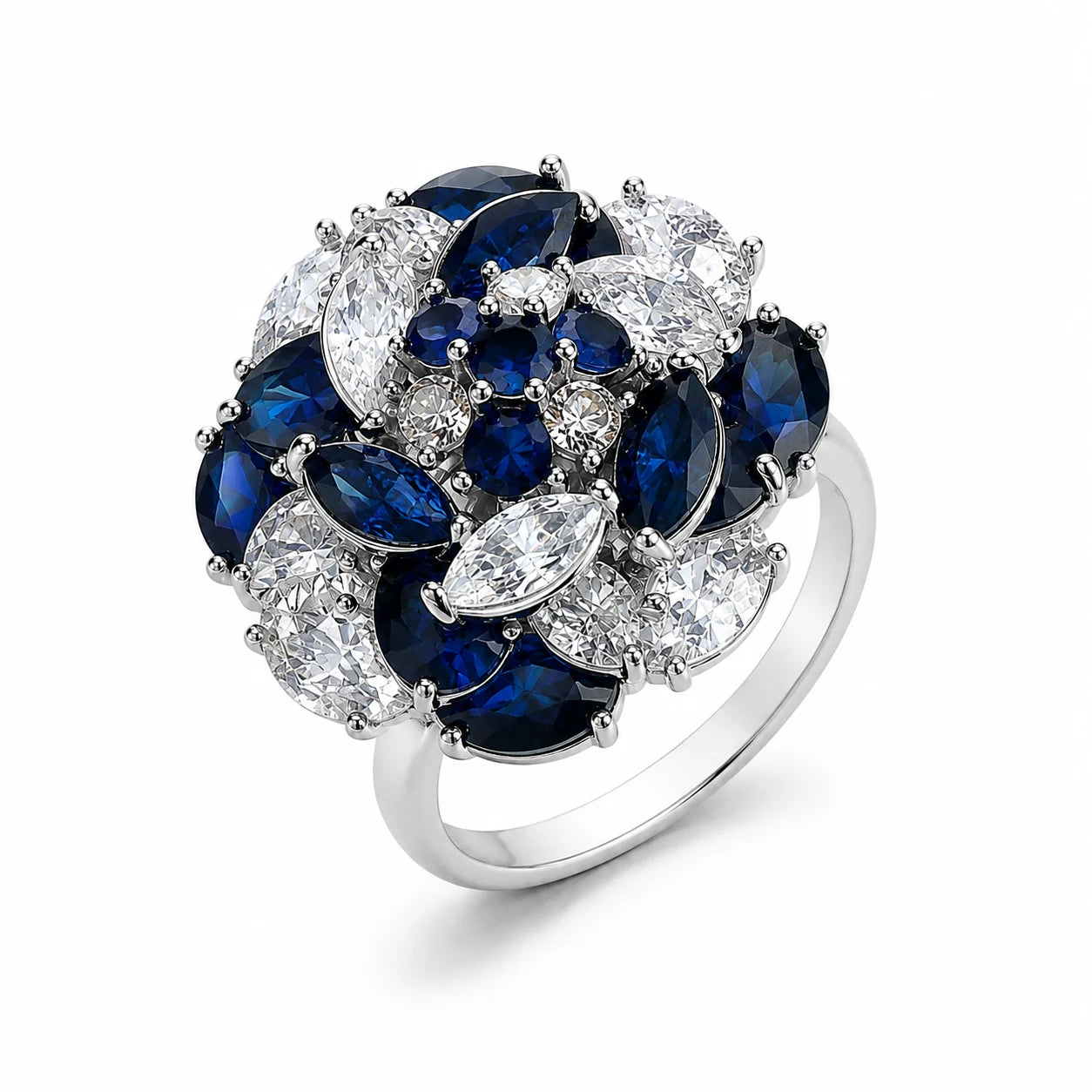 Silver-plated floral cluster ring with deep blue and clear zirconia