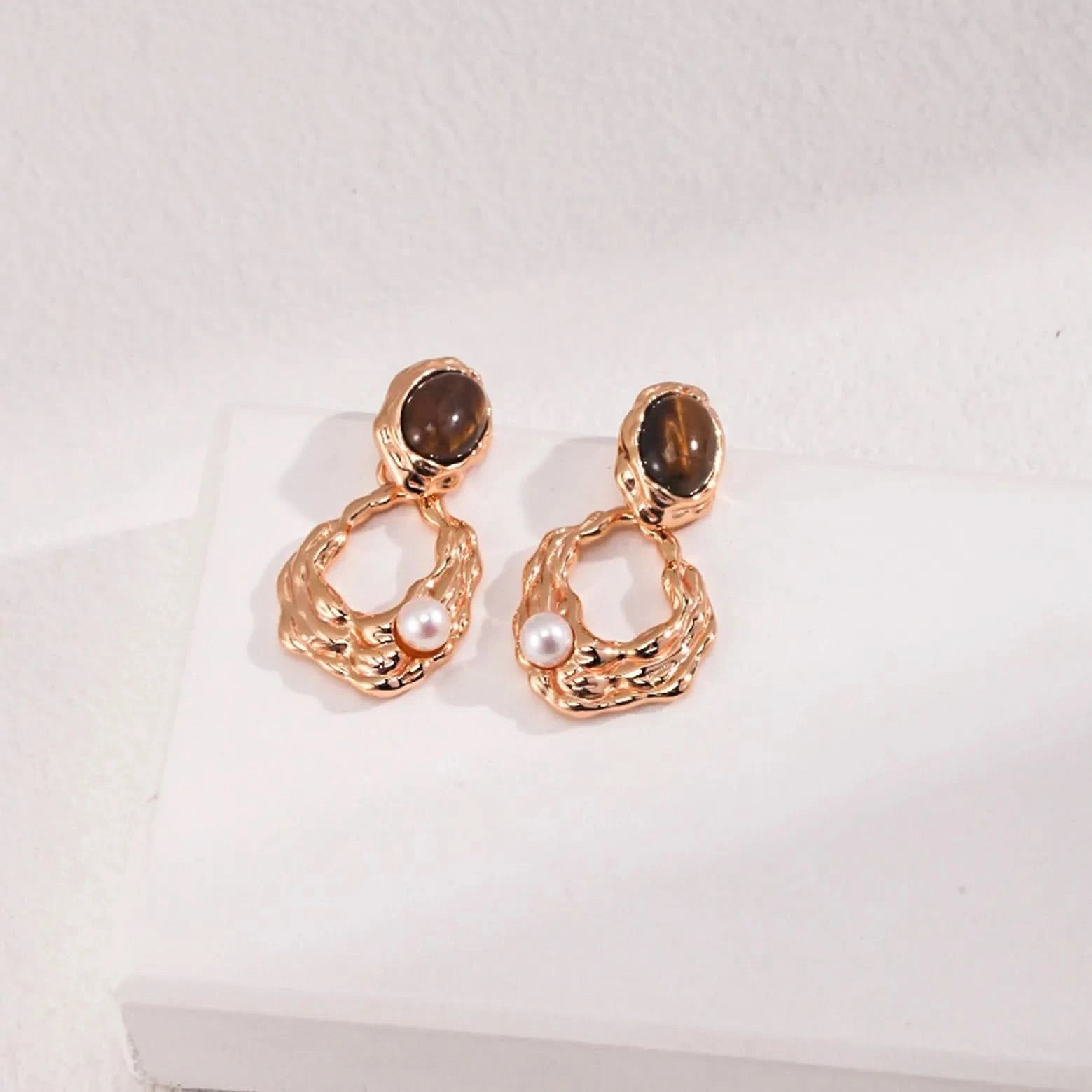 Tiger eye seed pearl earrings - Angel Barocco