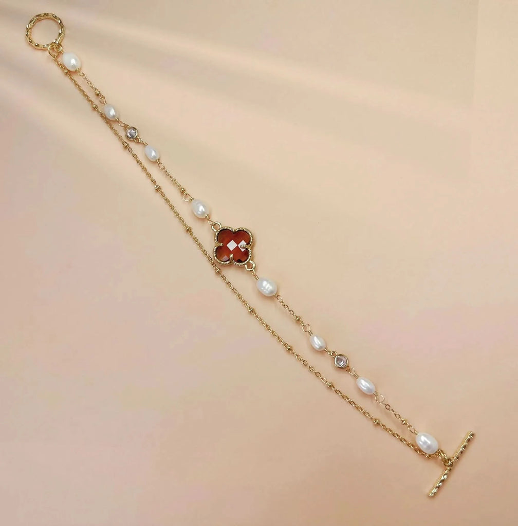 Two Layers Pearl and Crystal Gold Bracelet - Angel Barocco