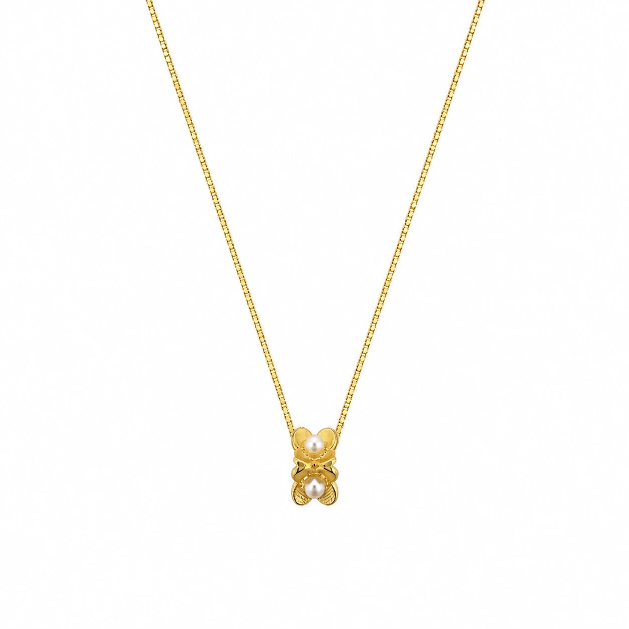 Gold-tone double flower pendant necklace with white pearl-style centres