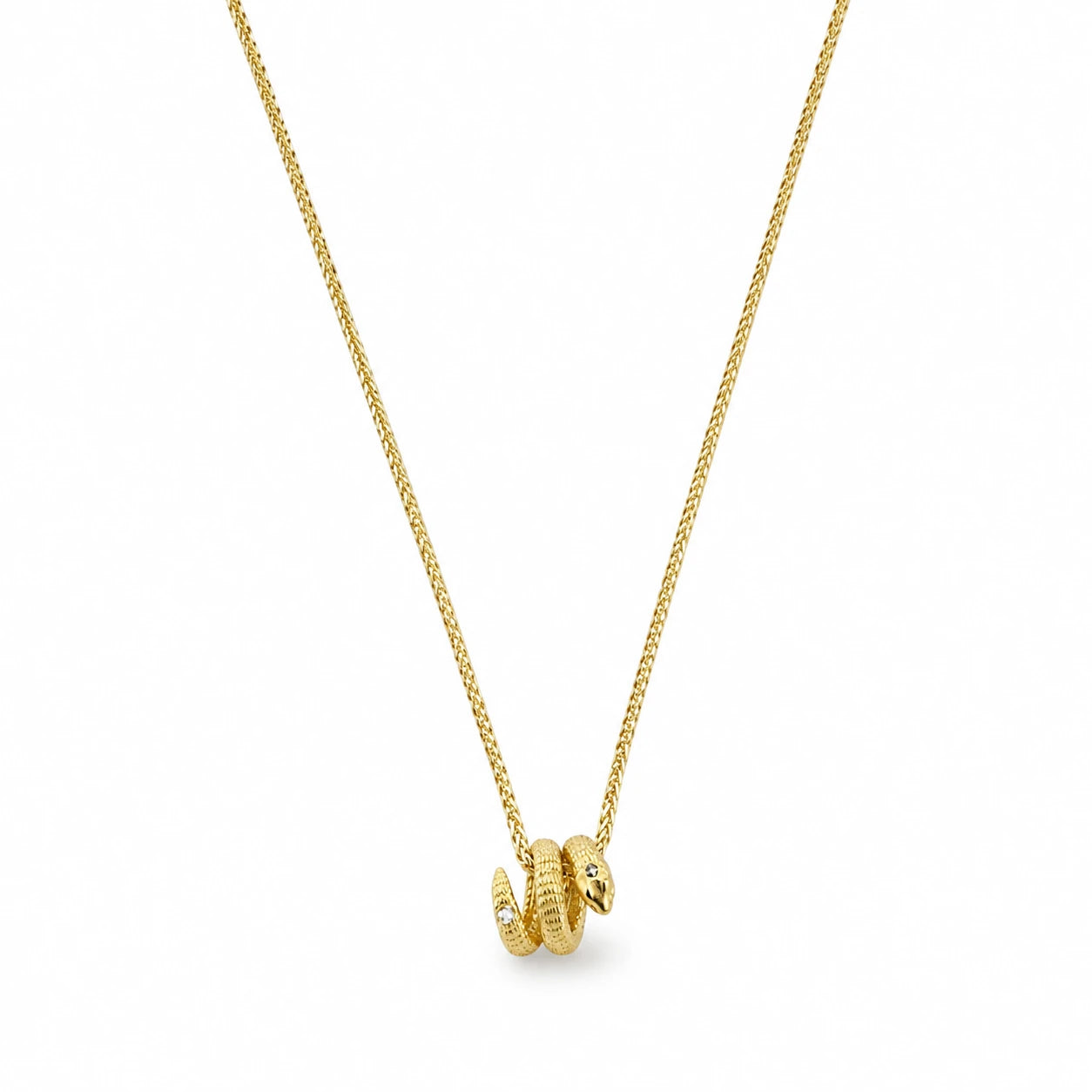 Gold-tone coiled snake pendant necklace with textured scales and clear crystal accents