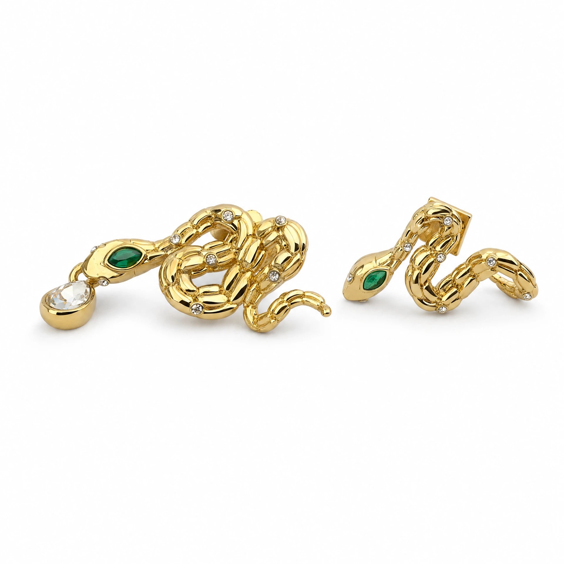 Emerald Snake Crystal Drop Earrings - Gold Plated