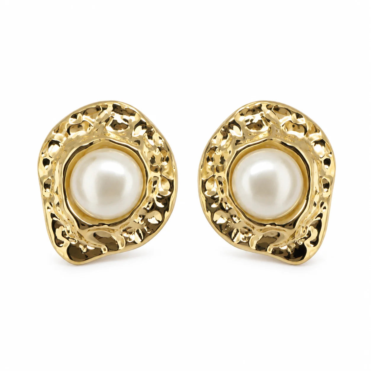 Gold-tone hammered oval stud earrings with natural freshwater pearls