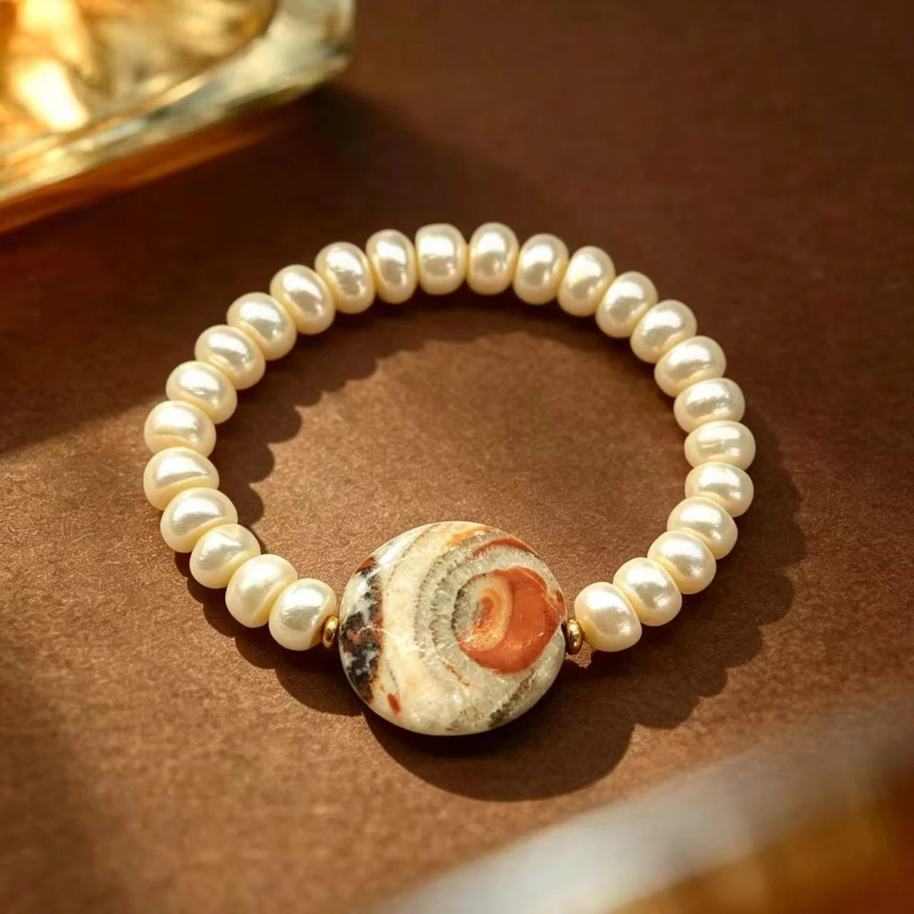 Striped Agate Freshwater Pearl Stretch Bracelet