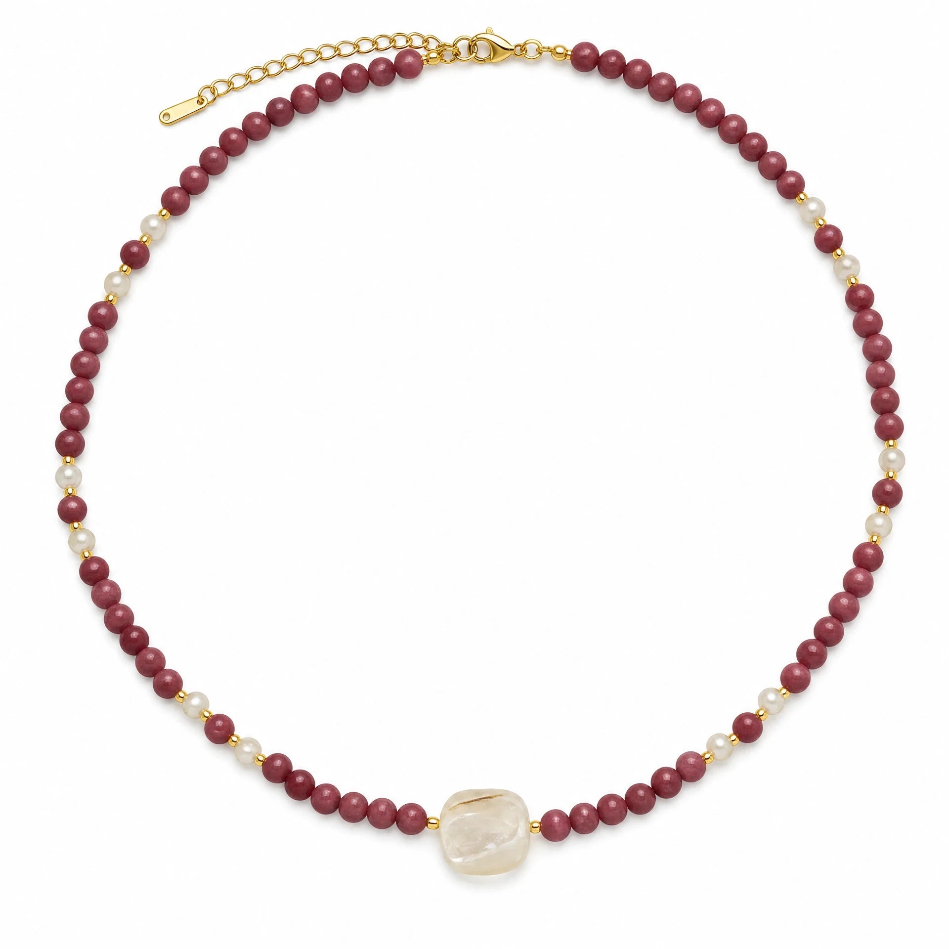 Rhodonite and mother-of-pearl beaded necklace with square centrepiece and gold-tone details on a white background