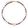 Rhodonite and mother-of-pearl beaded necklace with square centrepiece and gold-tone details on a white background