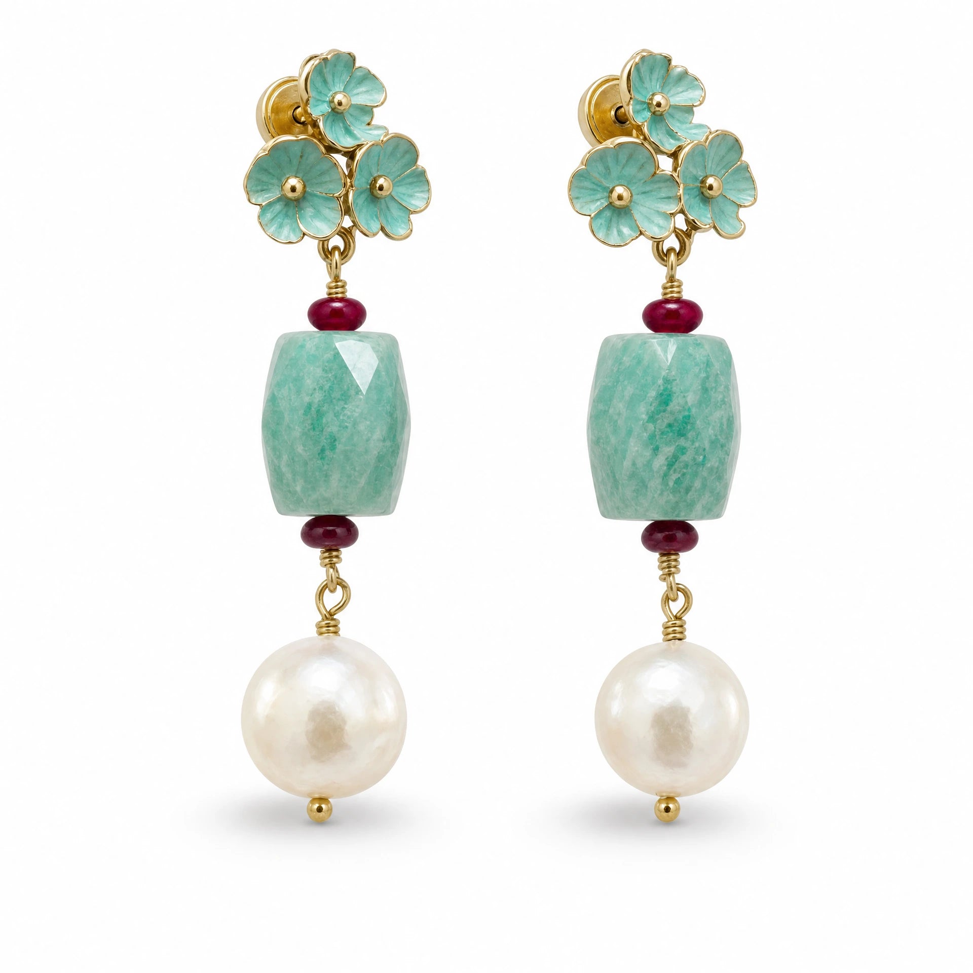 Amazonite Flower Pearl Drop Earrings